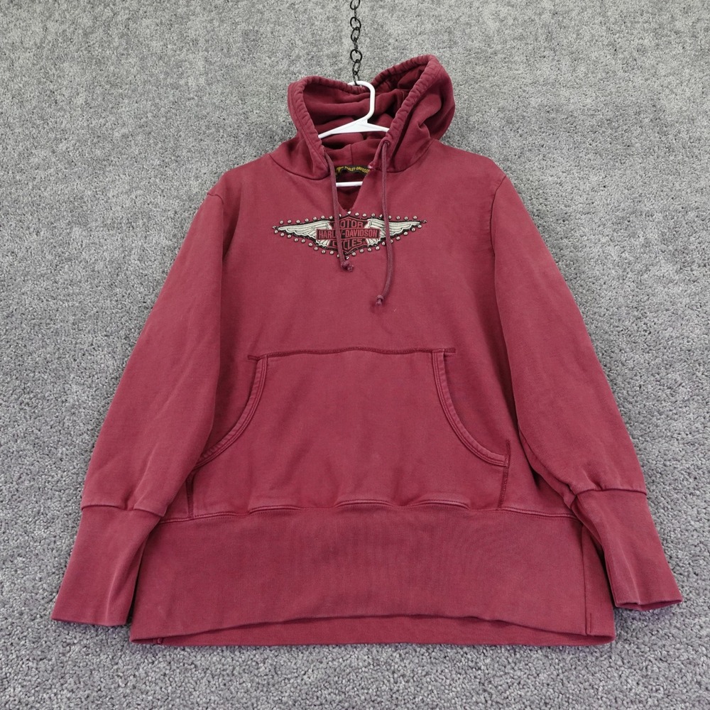 Harley Davidson Hoodie Mens Large Maroon Vintage Studded Wing Logo Pullover